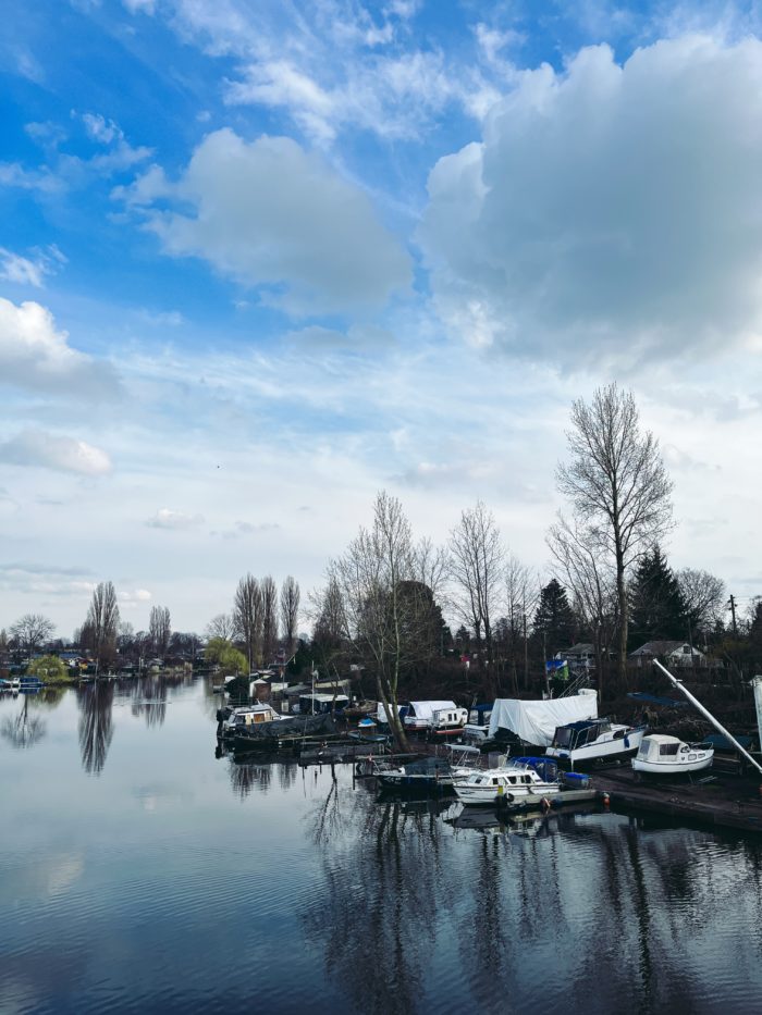 Das Ufer der Billerhuder Insel, Schiffe an den Stegen, noch kahle Bäume.