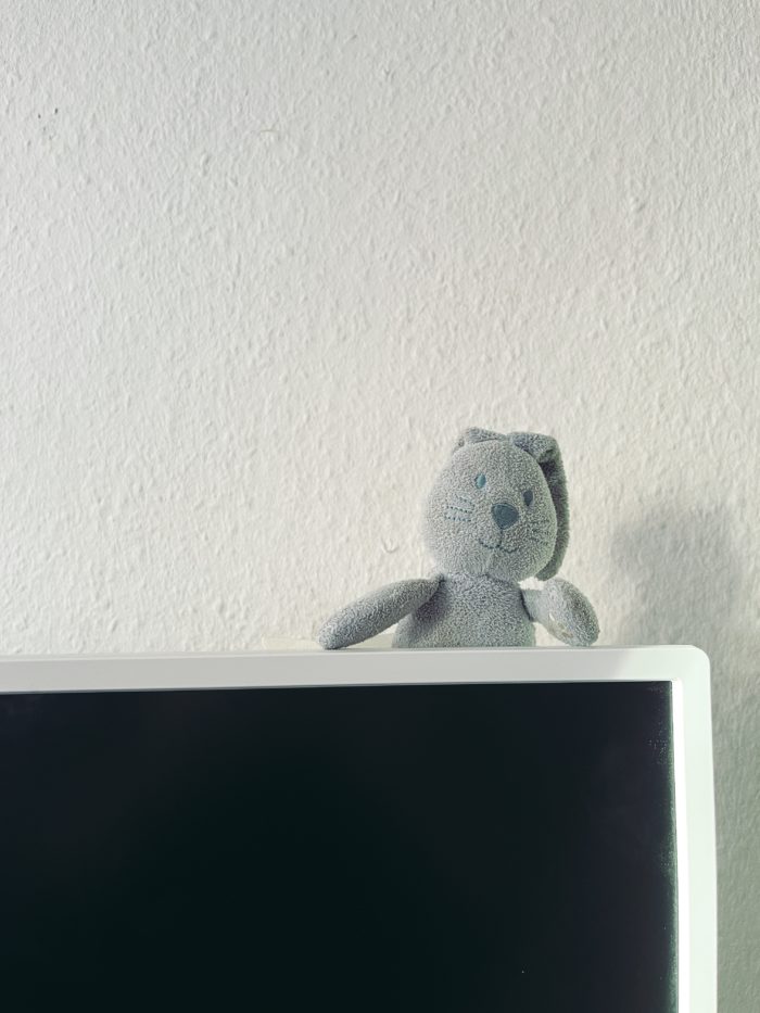 Ein kleiner blauer Stoffhase klemmt hinter einem Monitor im Home-Office.