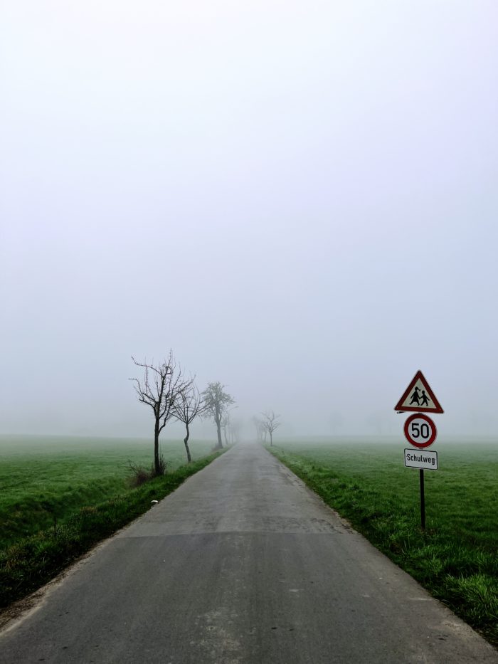 Eine Landstraße im Morgennebel, rechts am Rand ein Schild "Schulweg", am Straßenrand noch kahle Apfelbäume