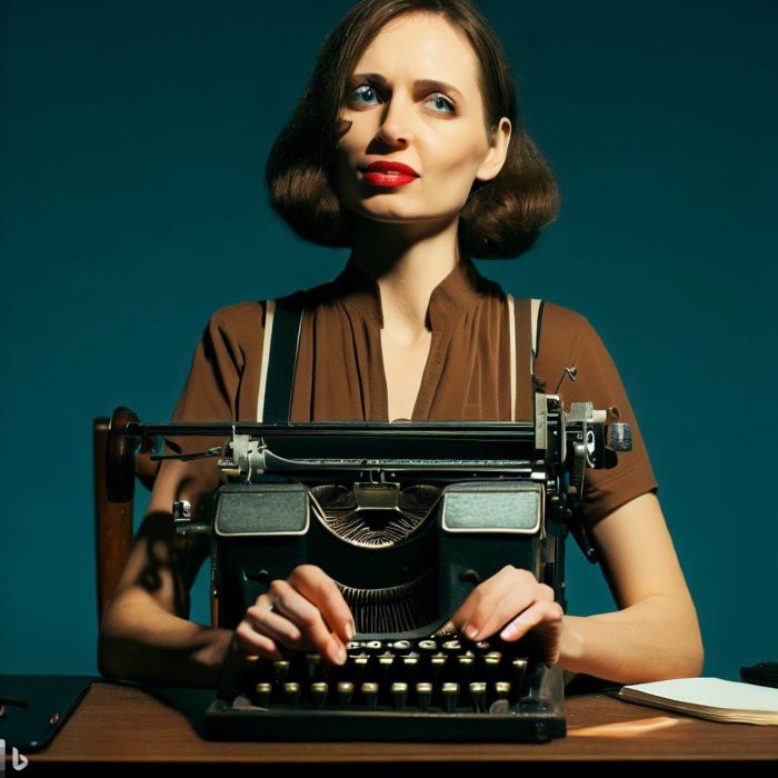 Ein mit KI erzeugtes Bild, das eine Frau zeigt, deren Hände auf der Tastatur einer Schreibmaschine liegen, die Tastatur ist dabei von der Frau abgewandt.