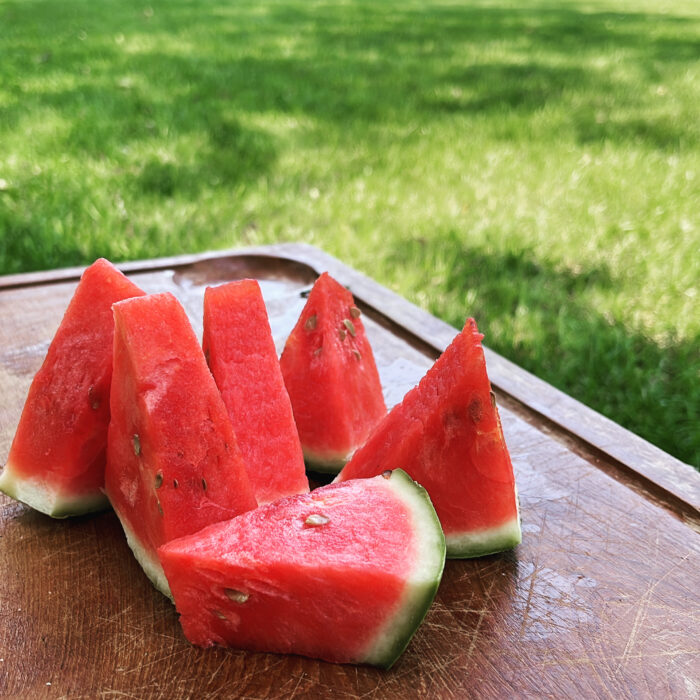 Wassermelonenstücke auf einem Holzbrett über Rasen