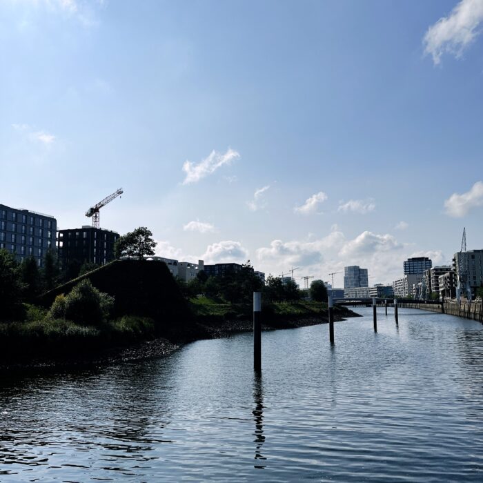 Blick über einen Elbeseitenarm und die Hafencity an den Ufern
