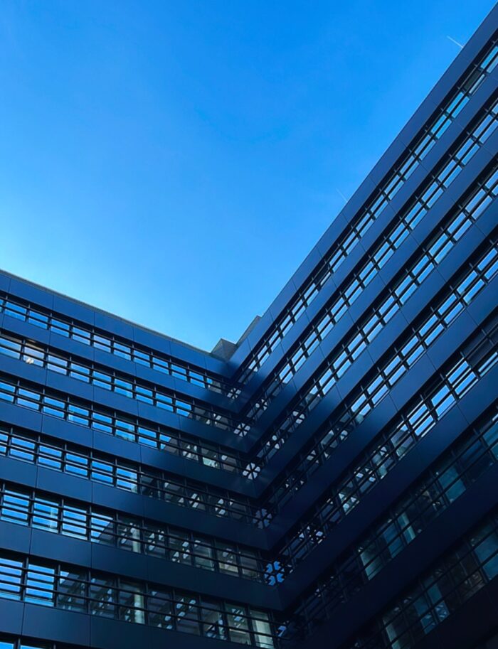 Büroarchitektur in Hammerbrook, die Fronten eines schwarzen Kastens, finster und abweisend aussehend