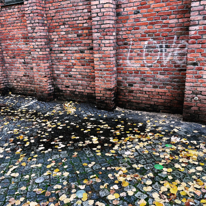 Der weiße Schriftzug Love an der roten Backsteinmauer einer Kirche, davor Herbstlaub auf dem Boden