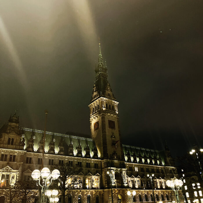 Das angestrahlte Hamburger Rathaus bei Nacht