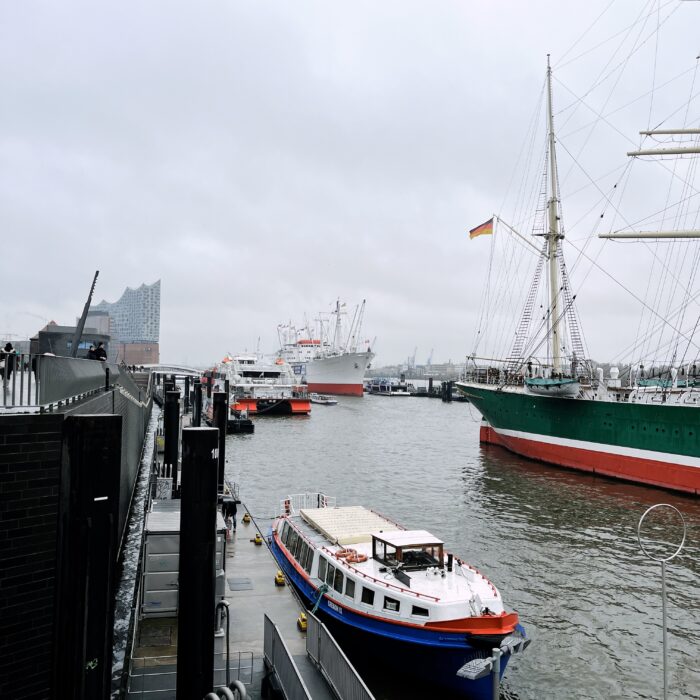 Blick auf de Rickmer Rickmer und die Cap San Diego, die Schutzlacke leuchten rot und grün an einem sehr grauen Tag