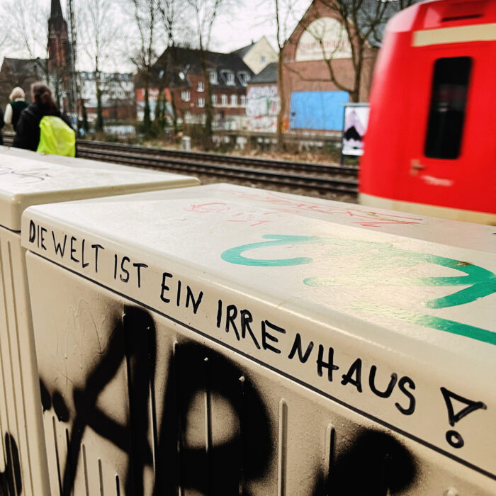 Ein Schriftzug (Edding) auf einem Stromkasten an der S-Bahnstation Holstenstraße: "Die Welt ist ein Irrenhaus!"