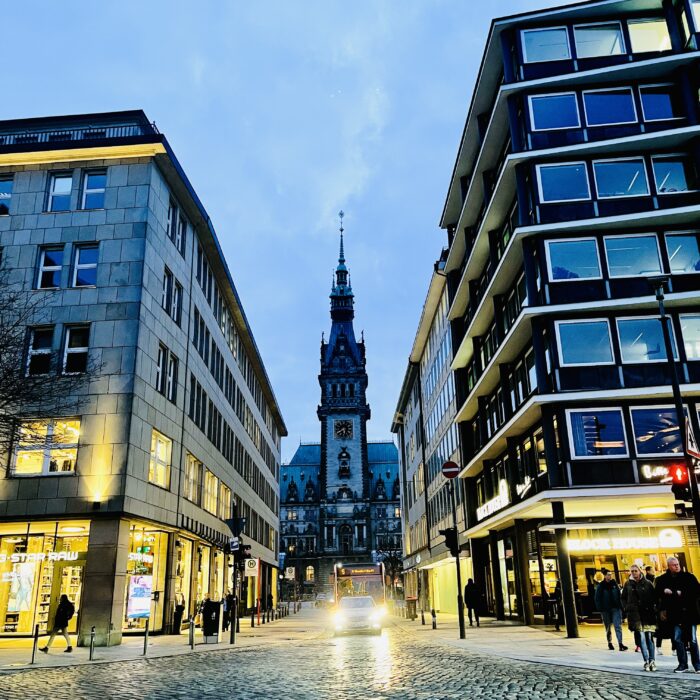 Blick auf das Hamburger Rathaus am Abend