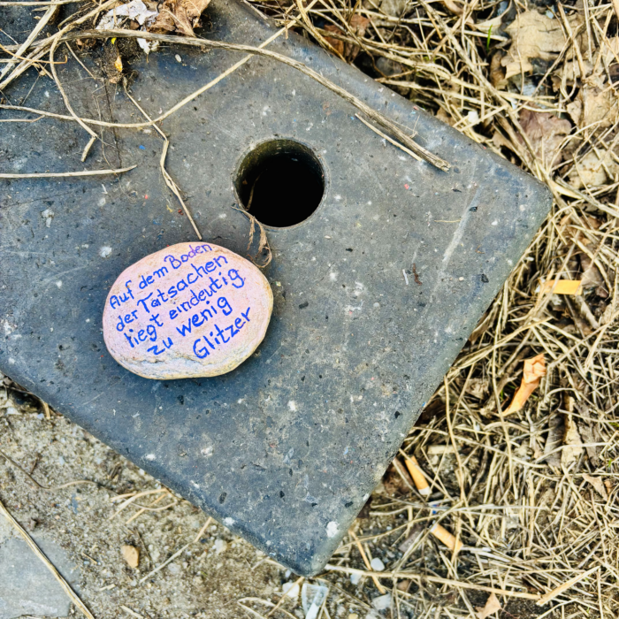 Ein Stein am Wegesrand, er ist beschrieben mit dem Satz: "Auf dem Boden der Tatsachen liegt eiundeutig zu wenig Glitzer." Daneben Zigarettenkippen.