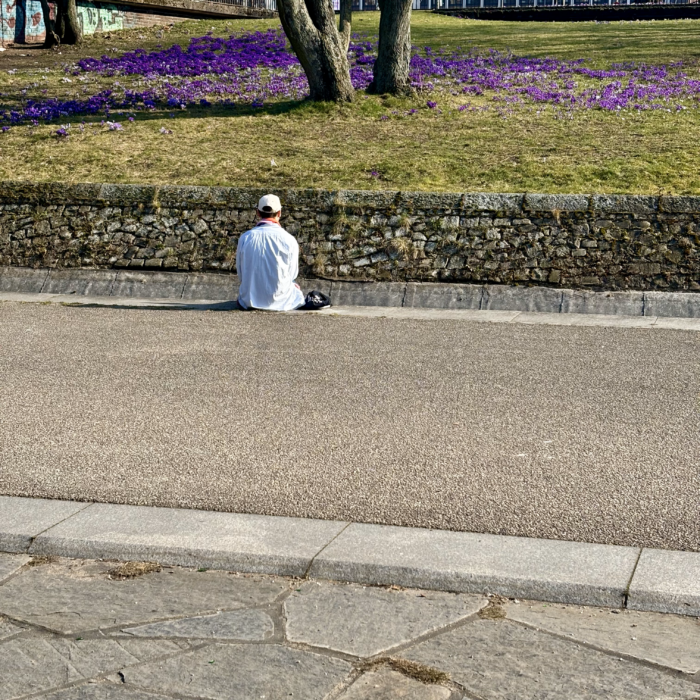 Ein Mann in sommerlicher Kleidung sitzt vor blühenden Krokussen in Planten un Blomen. Sonnenschein, es sieht nach einem warmen Frühlingstag aus.