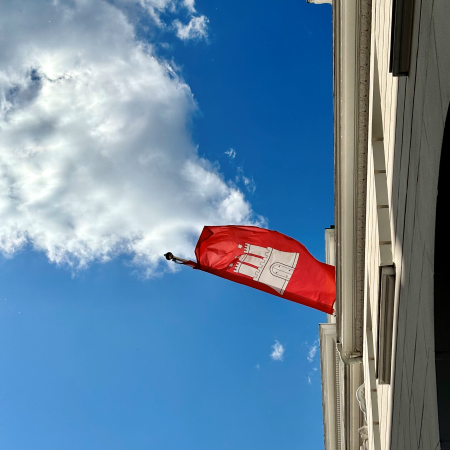 Eine wehende Flagge mit dem Hamburger Stadtwappen, von unten fotografiert vor blauem Himmel mit weißgrauen Wolken