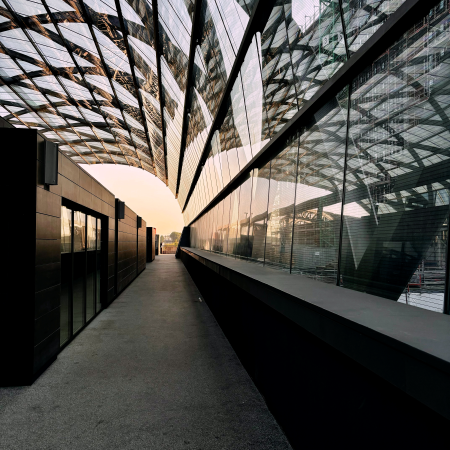 Die gläserne Dachkonstruktion der U-Bahnstation Elbbrücken im Abendlicht