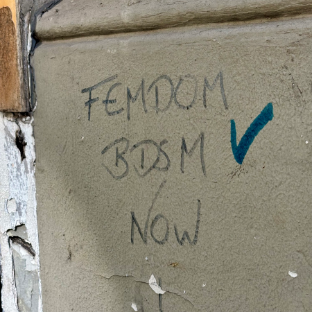 Schrift an einer Hauswand: FEMDOM BDSM NOW