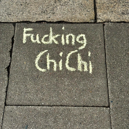 Kreideschrift auf dem Pflaster: Fucking ChiChi