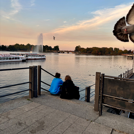 Blick über die Binnenalster vom Jungfernstieg aus, eine Taube fliegt halb angeschnitten durchs Bild