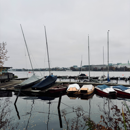 Abgedeckte Boote an einem Steg an der Außenalster