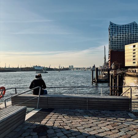 Ausblick von der Strandhöftspitze Richtung Elbphilharmonie, baluwinterliches Licht, eine Frau, von hinten gesehen, auf einer Bank