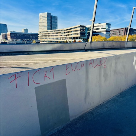 Graffiti an einr Brücke in der Hafencity "Fickt Euch Alle!"