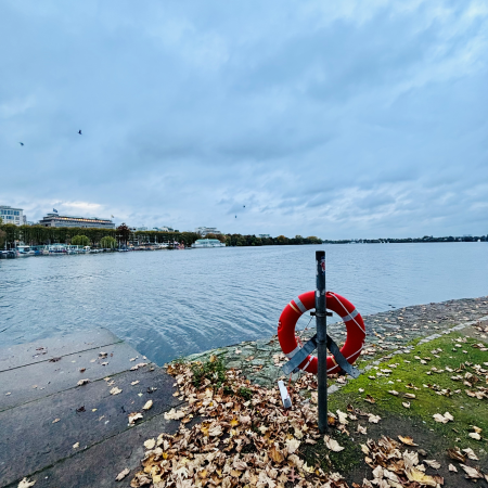 Blick auf die Außenalster vom Ufer an der Kennedybrücke aus, im Vordergrund ein Rettungsring im Haltegestänge, darunter Herbstlaub