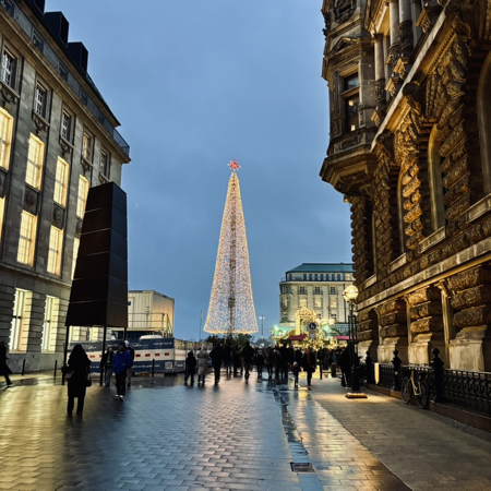 Die stilisierte Leuchttanne auf dem Roncalli-Weihnachtsmarkt am Rathaus