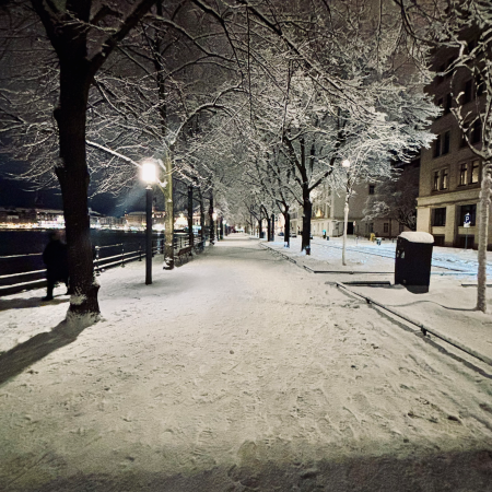 Der neue Jungfernstieg bei Nacht im Schnee