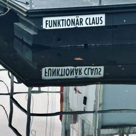 Ein Namensschild an einer schwimmenden Plattform in der Außenalster: "Funktionär Claus"