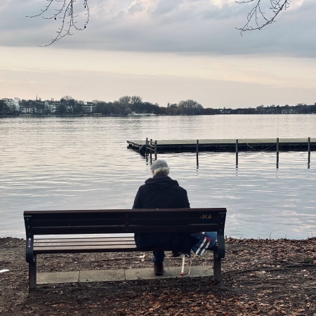 Ein älterer Mann auf einer Bank an der Außenalster, von hinten fotografiert