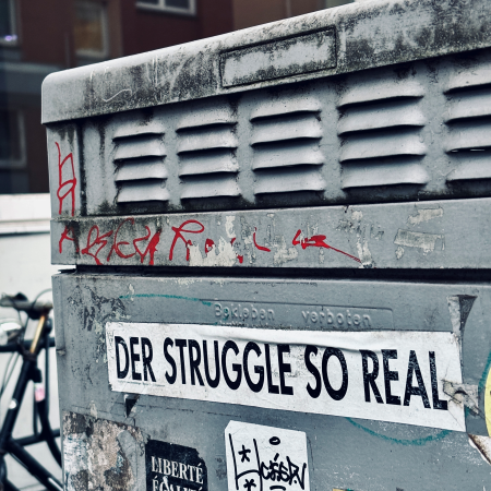Ein Aufkleber an einem Stromkasten: Der Struggle so real
