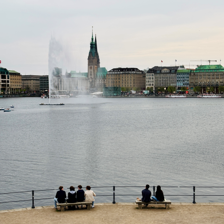 Blick über die Binnenalster Richtung Rathaus