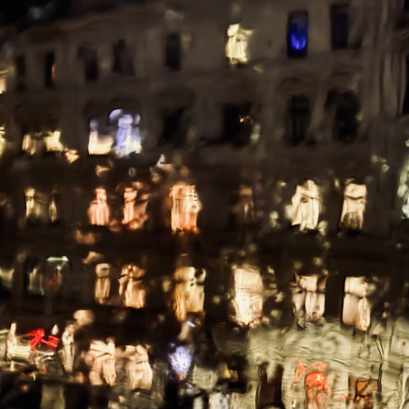 Nächtlicher Blick durch eine Fensterscheibe im Regen auf Lichter in Häusern gegenüber