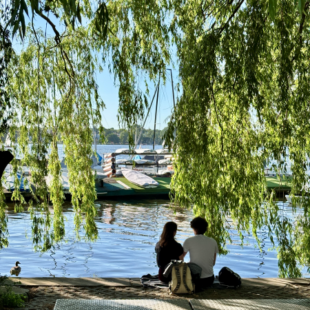 Ein Paar, von hinten fotografiert, am sonnigen Ufer der Außenalster