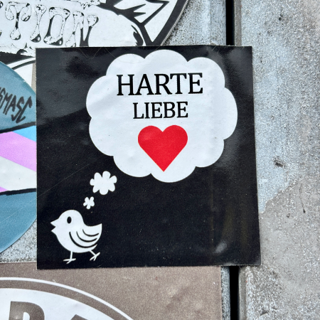 Ein Sricker mit einem kleinen Vogel, über dem in einer Sprechblase "Harte Liebe" steht