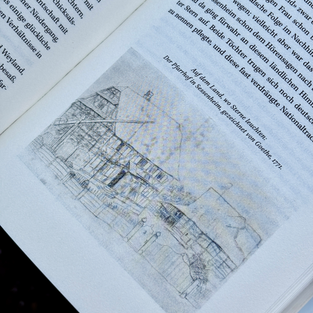 Eine Seite aus der Goethe-Biografie von Steinfeld mit der Sessenheim-Zeichnung von Goethe