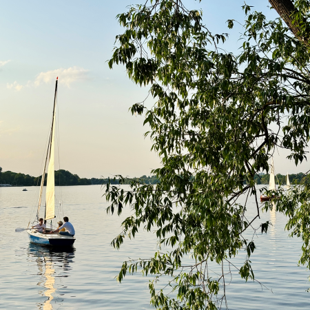Ein Segelboot auf der Außenalster, Frühabendlicht
