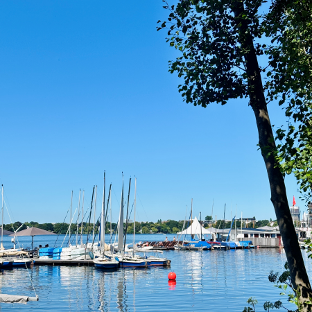 Segelboote an Stegen an der Außenalster, Sommerstimmung, blauer Himmel