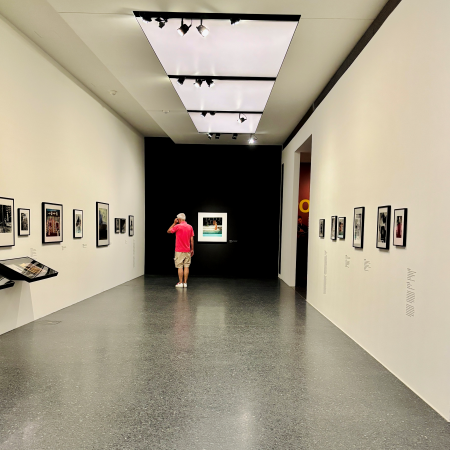 Ein Besucher in der Gundlachausstellung, von hinten beim Betrachten der Bilder aufgenommen