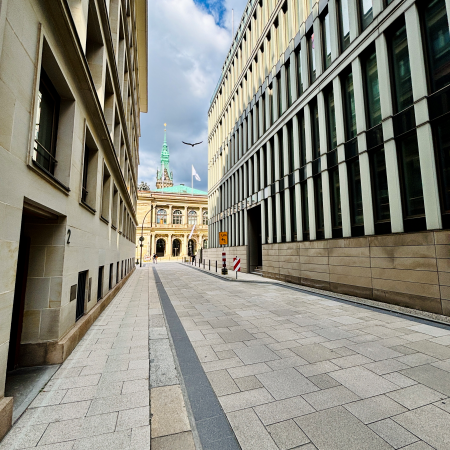Blick auf das Rathaus durch die dahinterliegenden Straßen