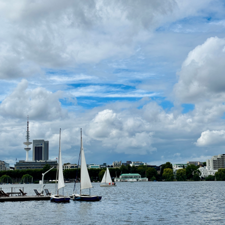 Blick über die Außenalster, Segelschiffe am Steg