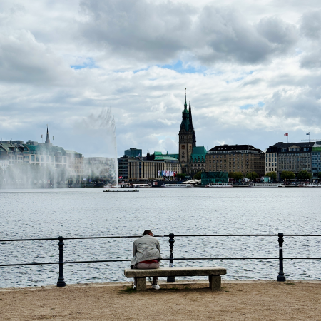 Blick über die Binnenalster in Richtung Rathaus