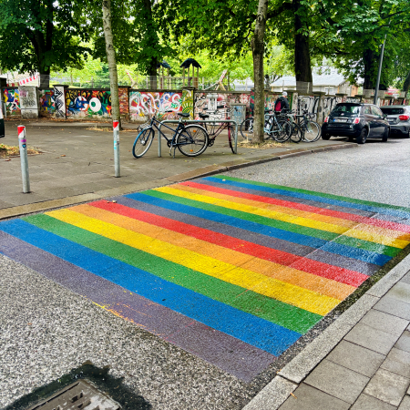 Ein Fußgöngerüberweg in Regenbogenfarben