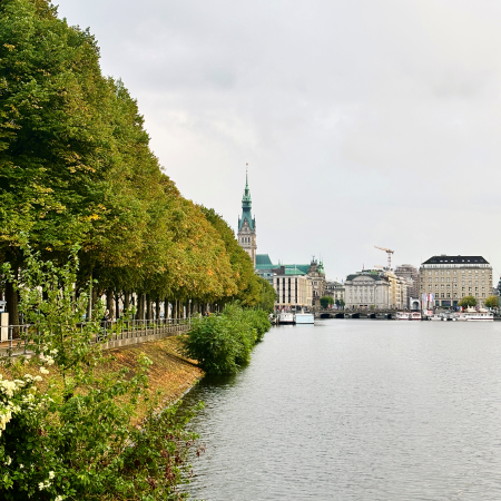 Blick am Ballindamm entlang auf den Jungfernstieg, herbstliches Laub an den Bäumen