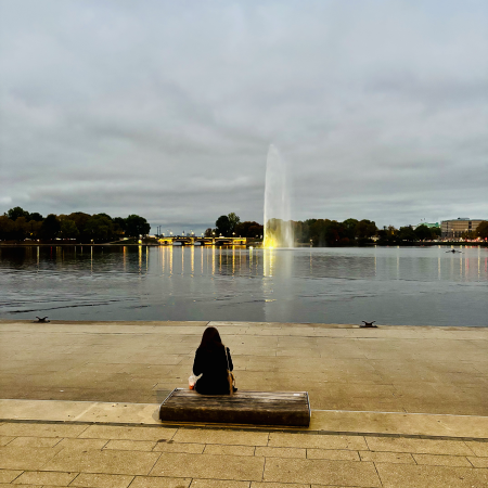 Jungfernstieg an der Binnenalster im Abendlicht