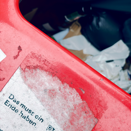 Ein Sticker auf einem Mülleimerrand mit der Aufschrift "Das muss ein Ende haben"