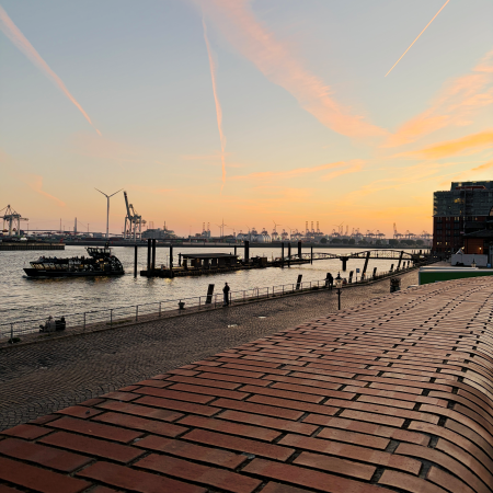 Blick über die Elbe vom Fischmarkt aus Richtung Sonnenuntergang