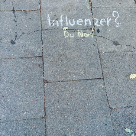 Schrift auf dem Pflaster: Influenzer? Du Narr!
